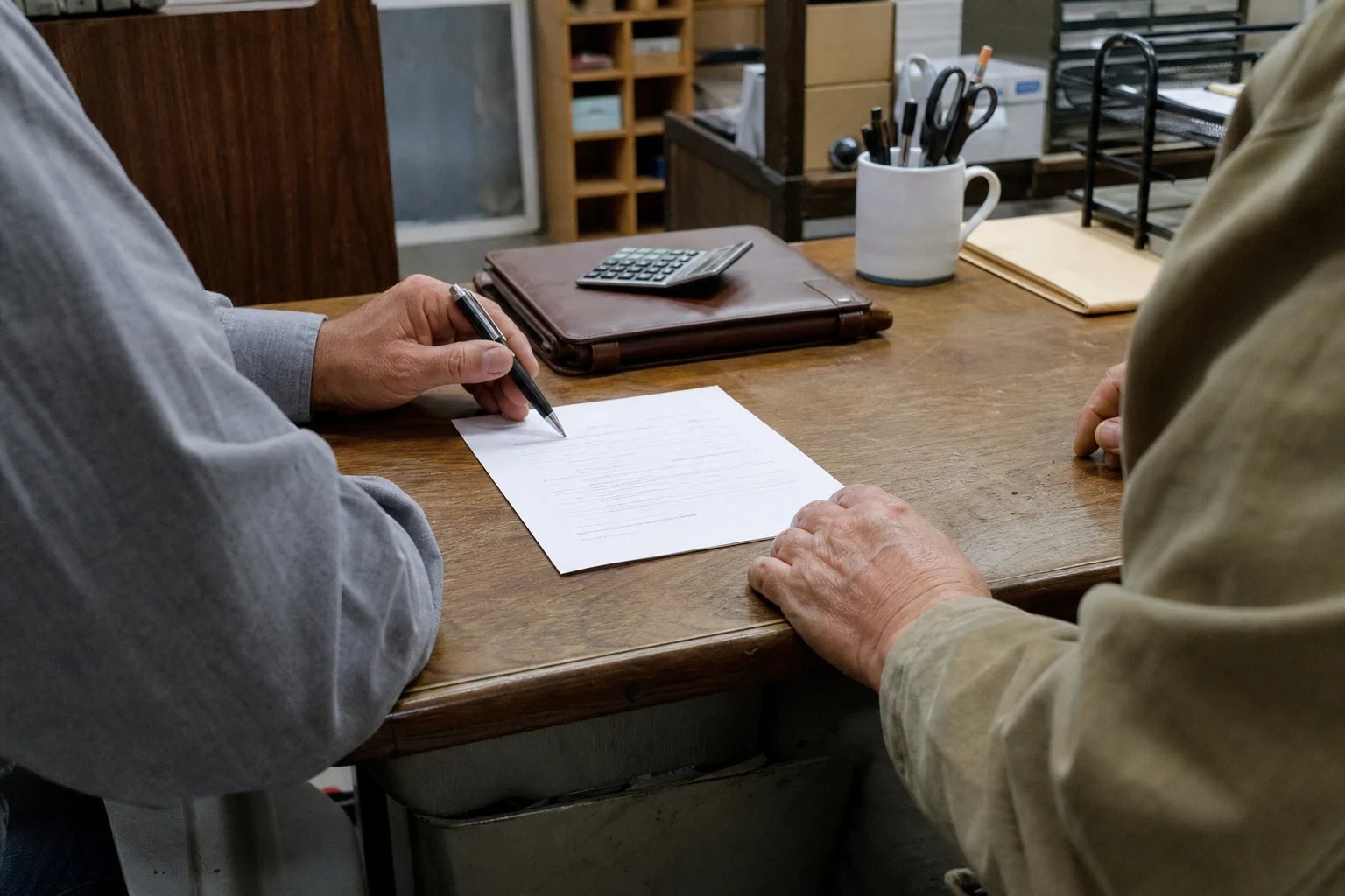 Two people at a worn wooden desk in a small back office, one pointing a pen at a one-page form while an older man rests his hand nearby; calculator and pen cup behind.