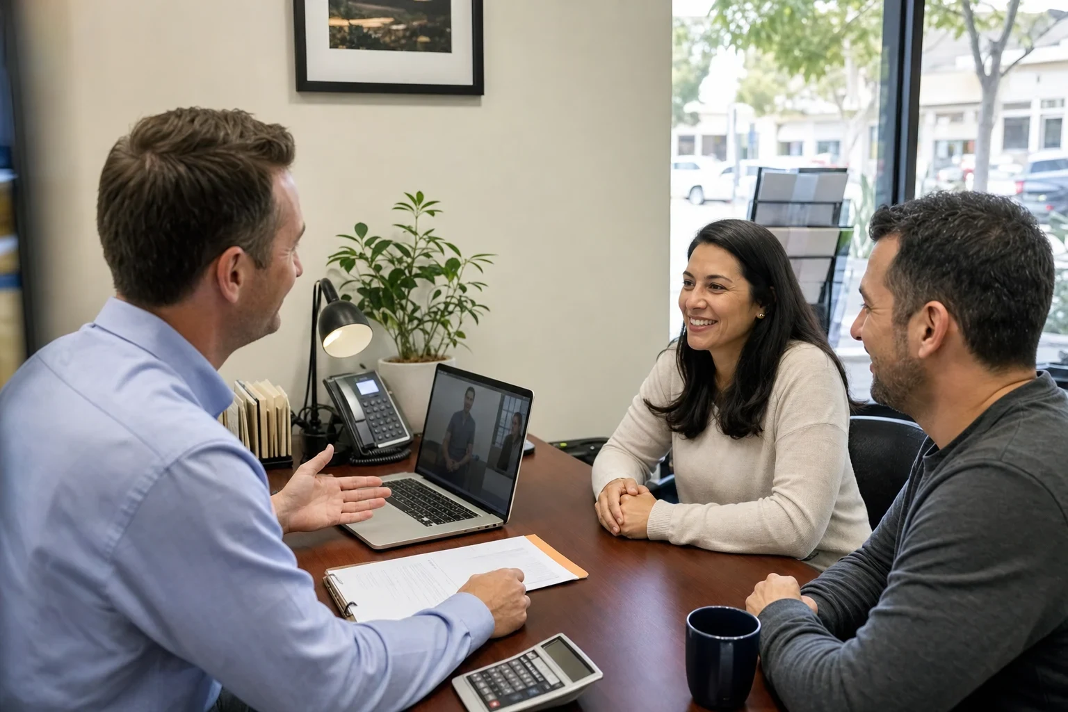 Insurance agent in a light blue shirt talks with a smiling couple across a wooden desk in a bright office with a plant, laptop, and street-facing window