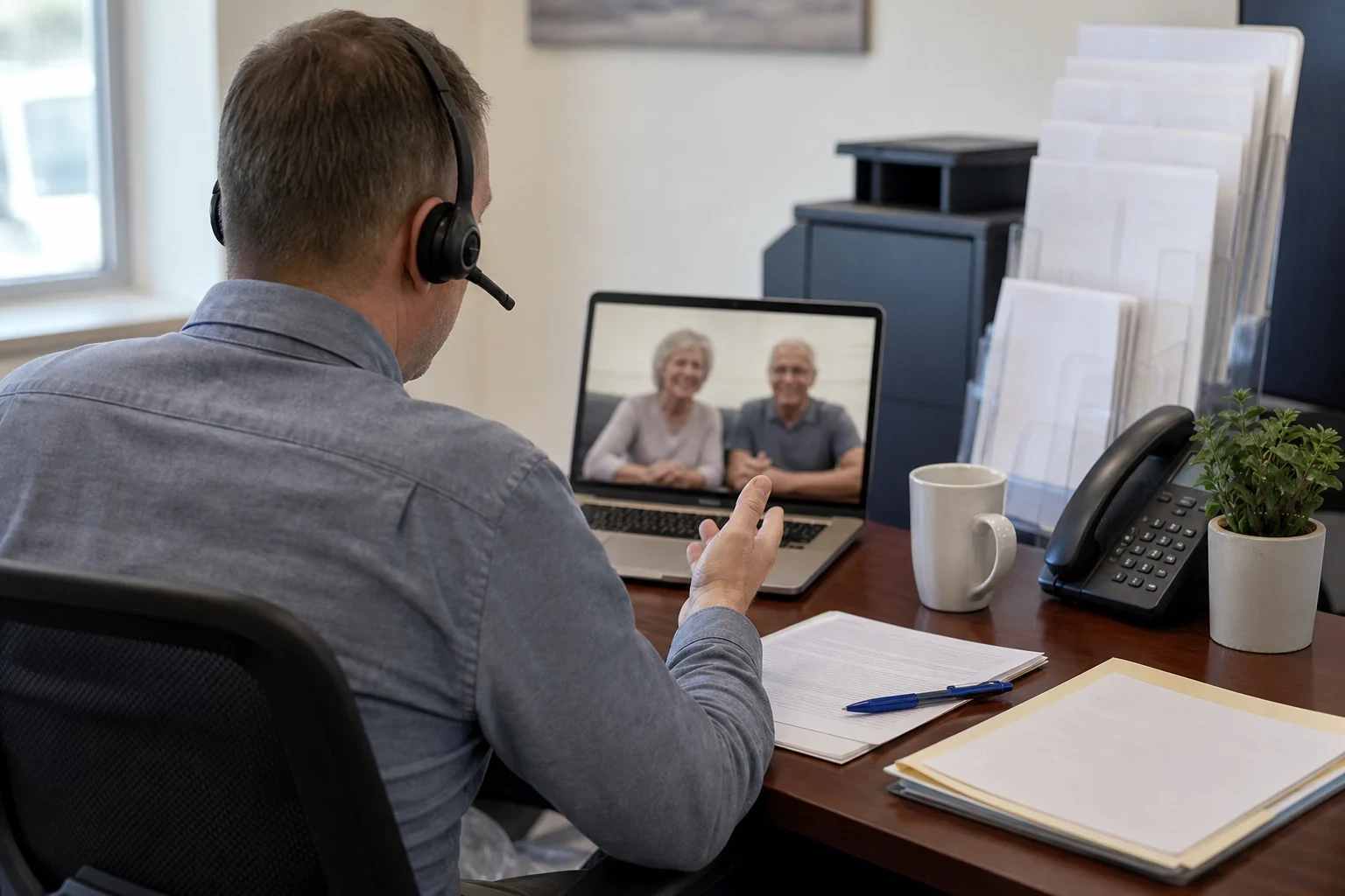 Agent wearing a headset gestures while talking with a smiling older couple on a laptop video call at an office desk with papers, a coffee mug, a desk phone and a plant