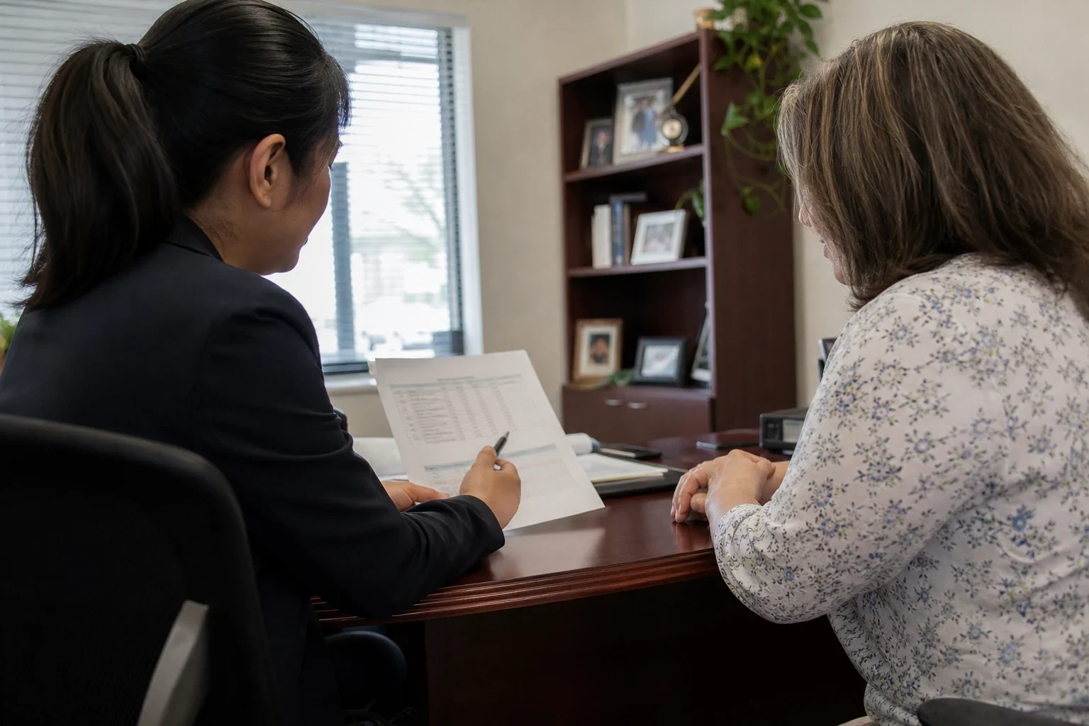 Insurance agent in a dark blazer reviews a printed sheet with a woman at a wooden desk in a small office with a window, bookshelf and framed photos